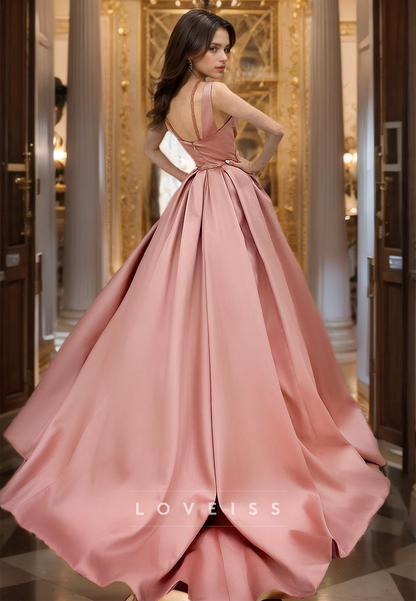 V-Neck Spaghetti Straps Pleated Satin A-Line Prom Dress