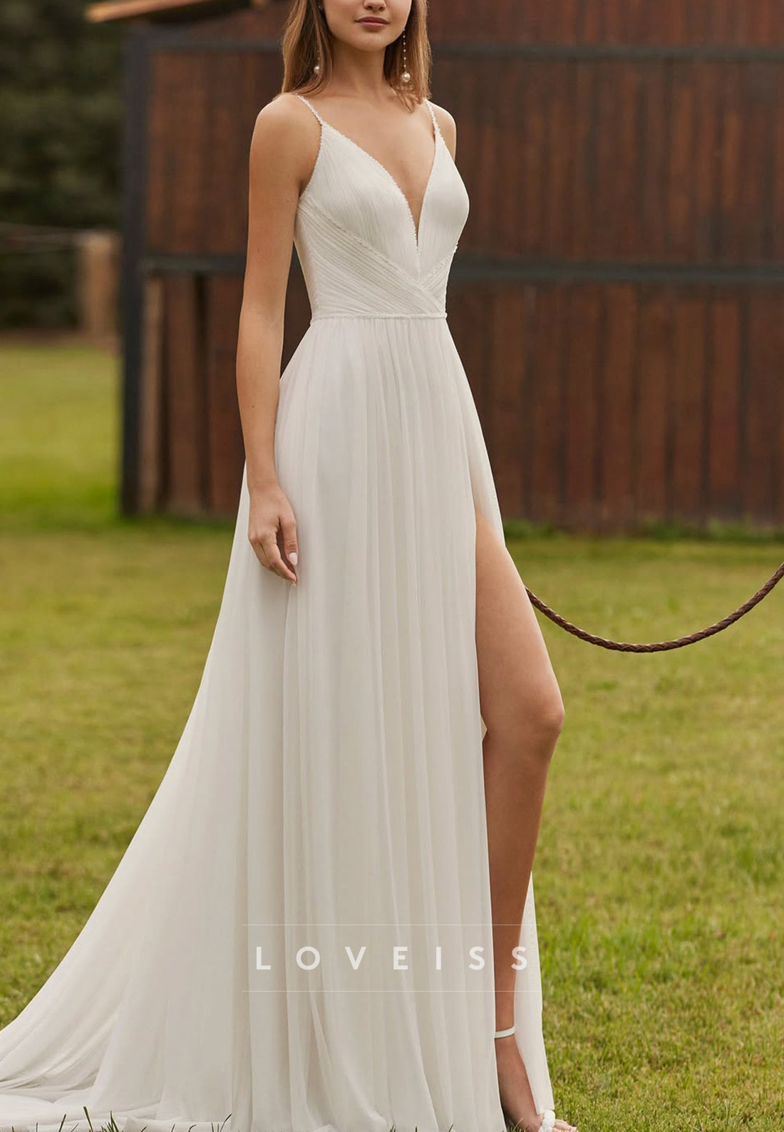 V-Neck Spaghetti Straps Pleated Side Slit Beach Wedding Dress