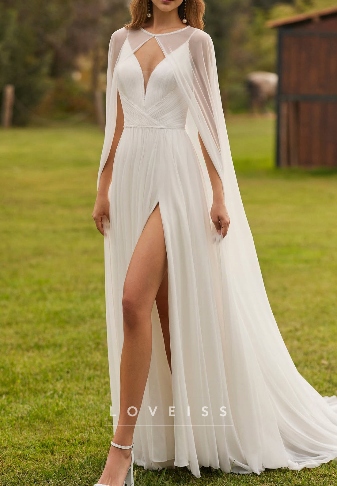 V-Neck Spaghetti Straps Pleated Side Slit Beach Wedding Dress