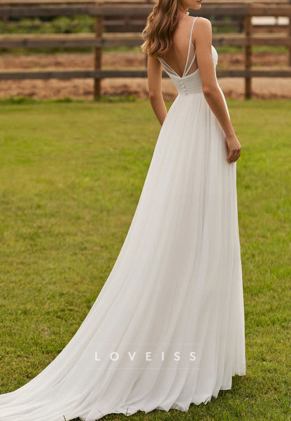 V-Neck Spaghetti Straps Pleated Side Slit Beach Wedding Dress