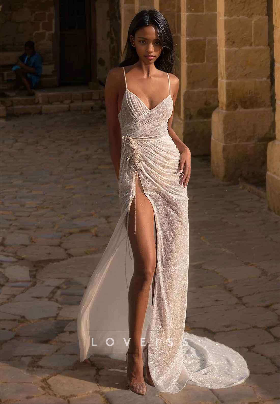 V-Neck Spaghetti Straps Ruched High Slit Sheath Beach Wedding Dress