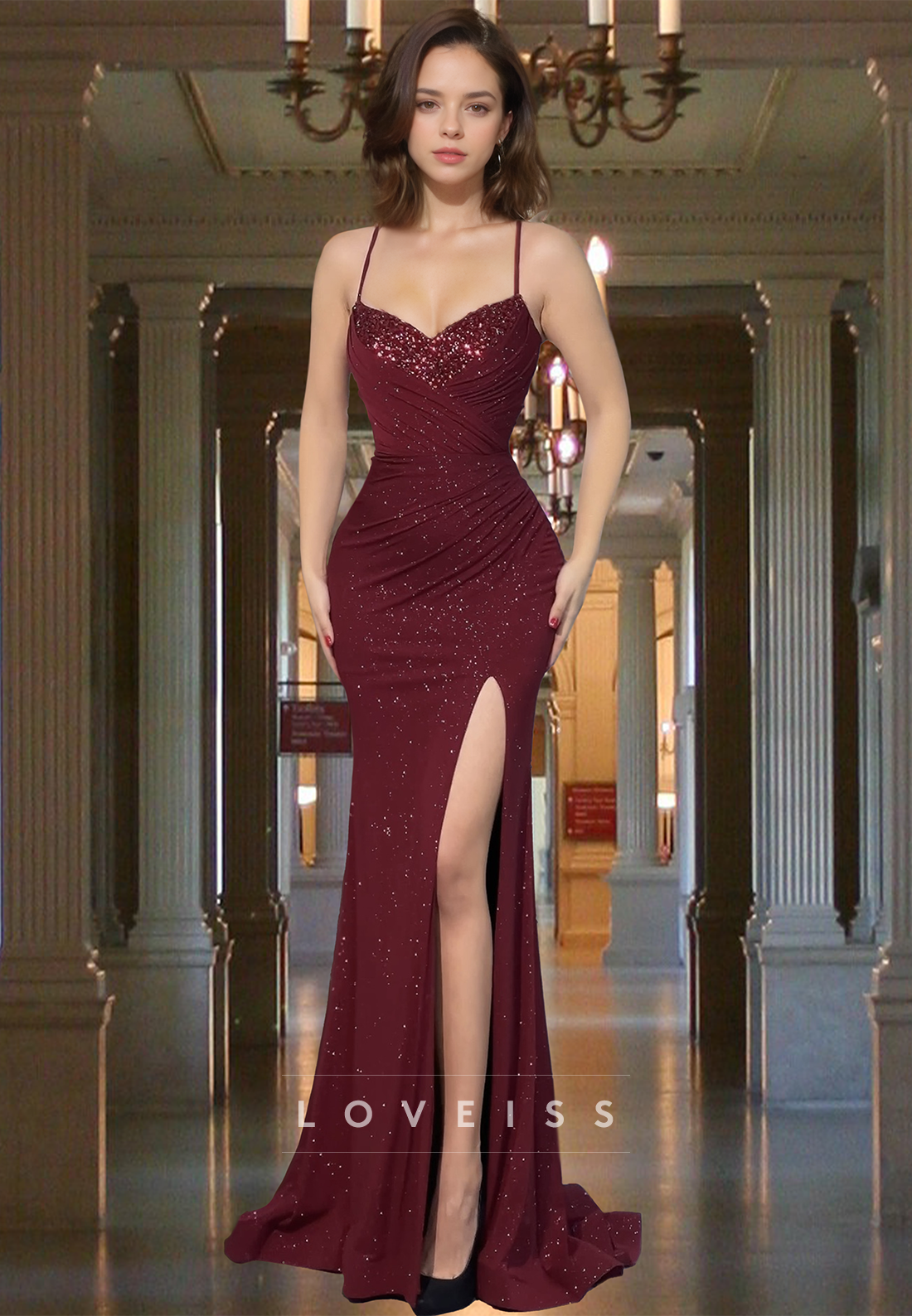 V-Neck Spaghetti Straps Seequins Pleated Side Slit Sheath Evening Dress