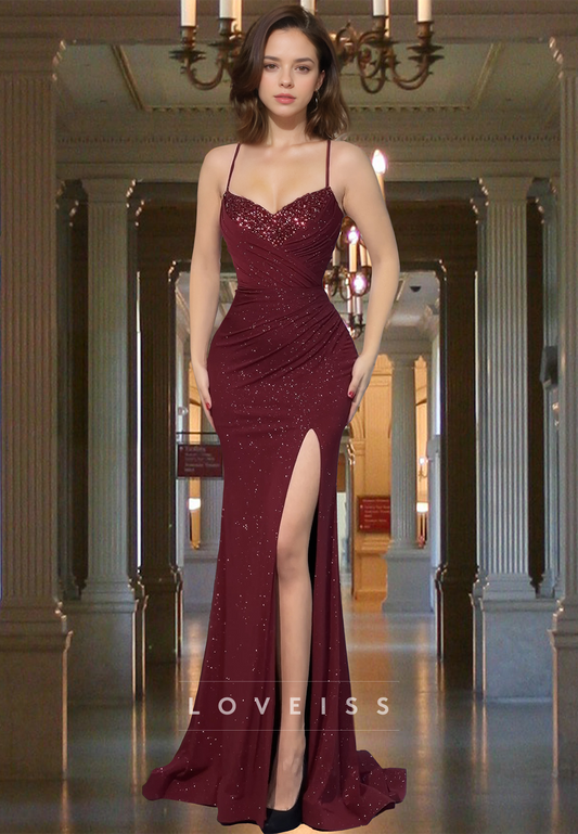 V-Neck Spaghetti Straps Seequins Pleated Side Slit Sheath Evening Dress