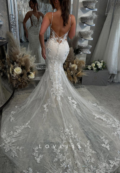 V-Neck Spaghetti Straps Sequins Appliques Mermaid Wedding Dress