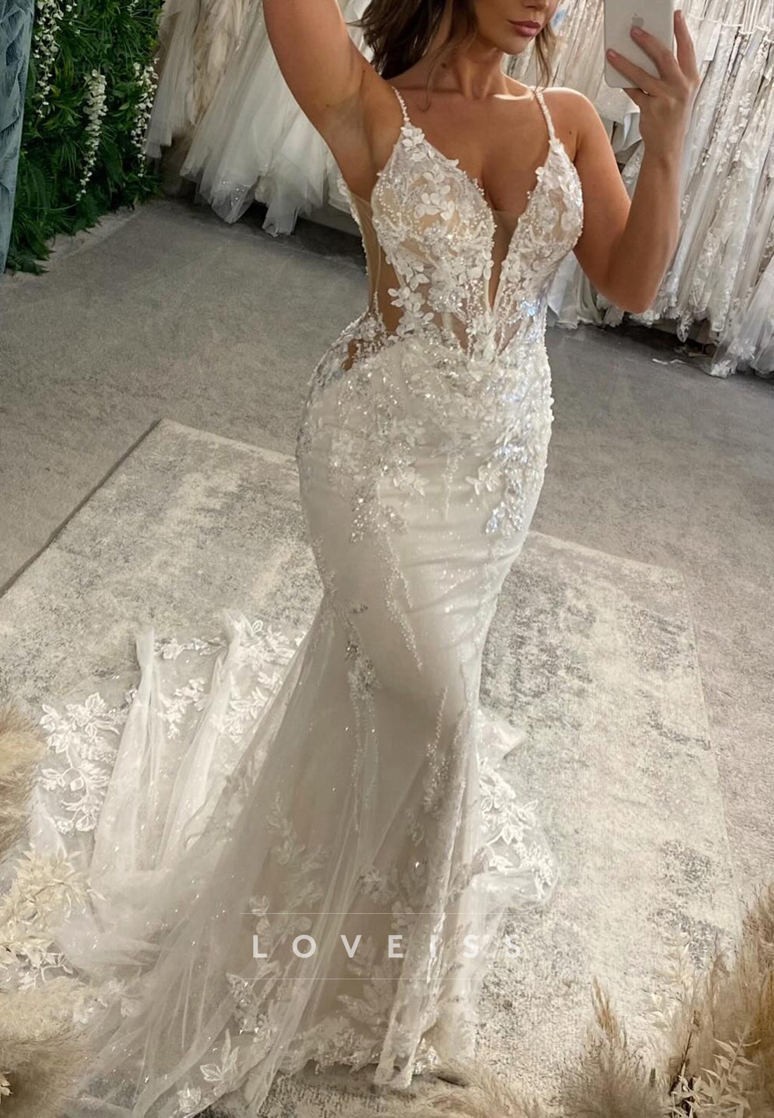 V-Neck Spaghetti Straps Sequins Appliques Mermaid Wedding Dress
