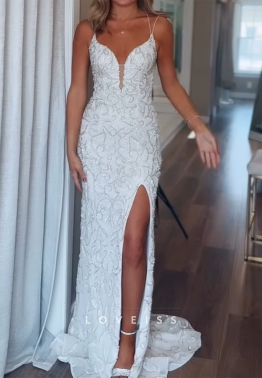 V-Neck Spaghetti Straps Sequins Appliques Sheath Prom Dress