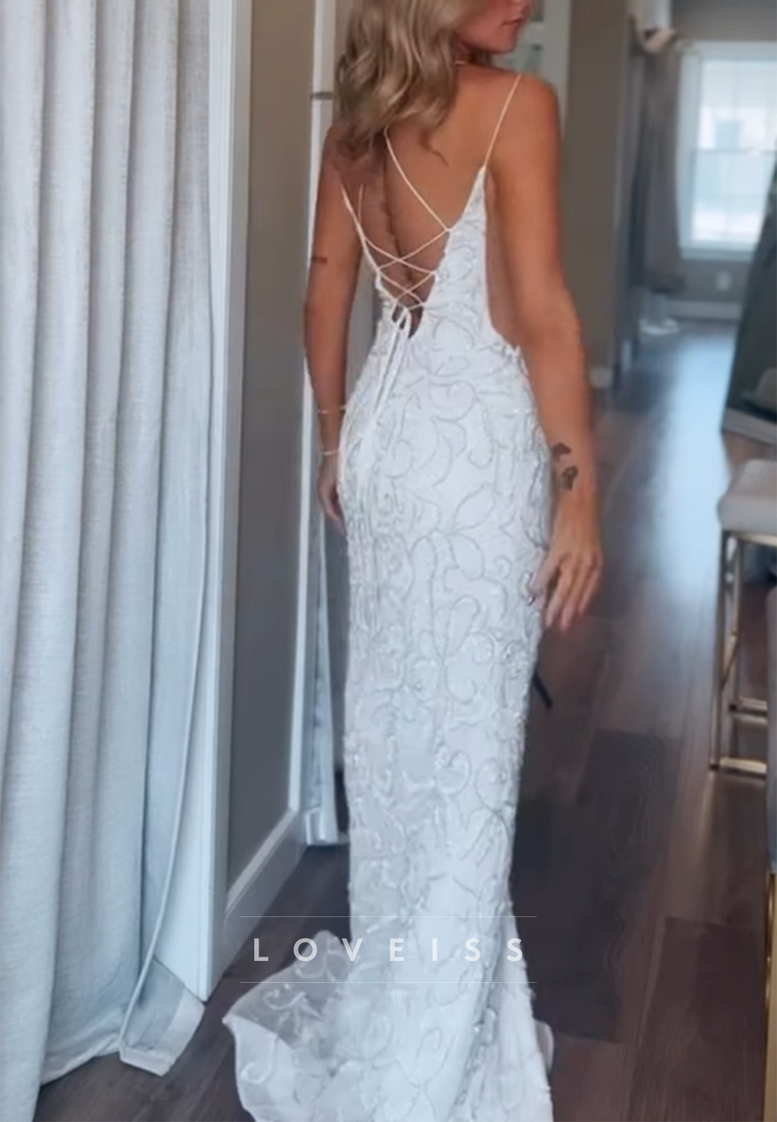 V-Neck Spaghetti Straps Sequins Appliques Sheath Prom Dress