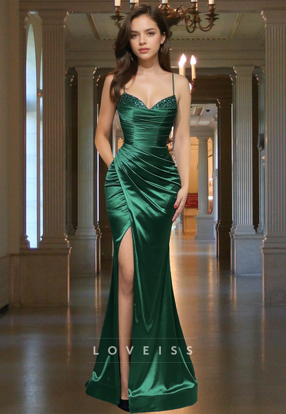 V-Neck Spaghetti Straps Sequins Pleated Side Slit Sheath Prom Dress