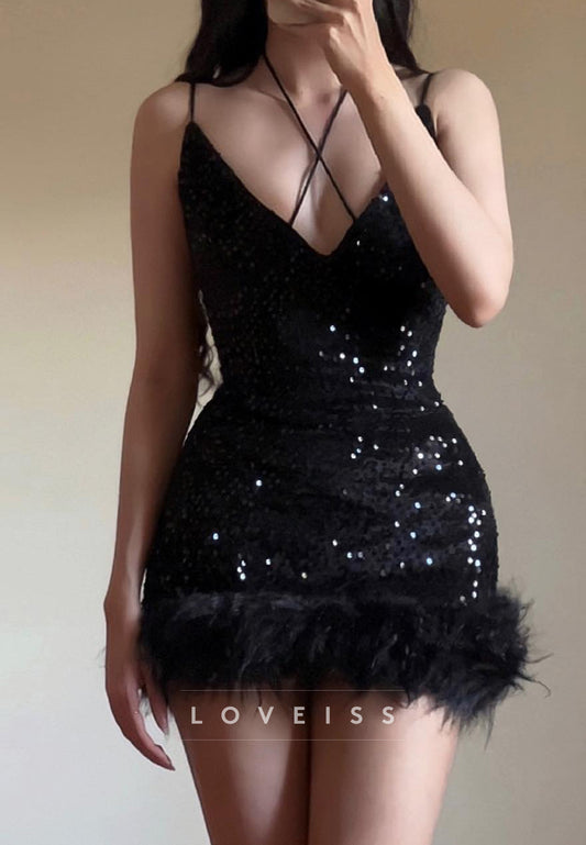 V-Neck Spaghetti Straps Sequins Sheath Homecoming Dress
