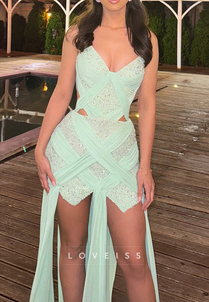 V-Neck Spaghetti Straps Sequins Sheath Party Homecoming Dress