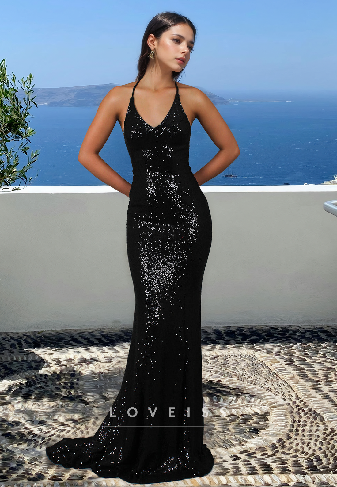 V-Neck Spaghetti Straps Sequins Sparkly Mermaid Evening Prom Dress