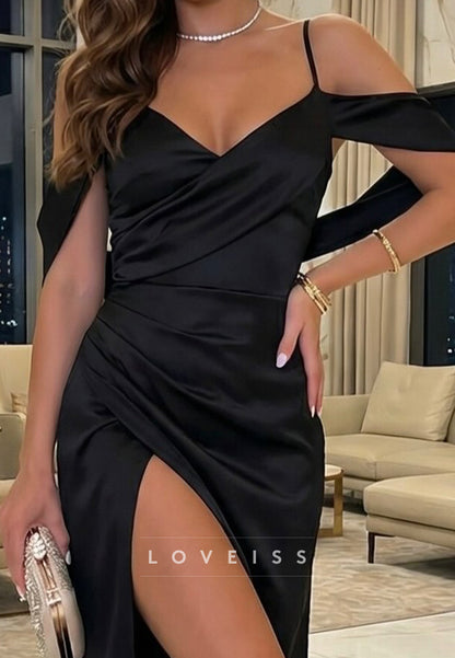 V-Neck Spaghetti Straps Side Slit Sheath Evening Dress