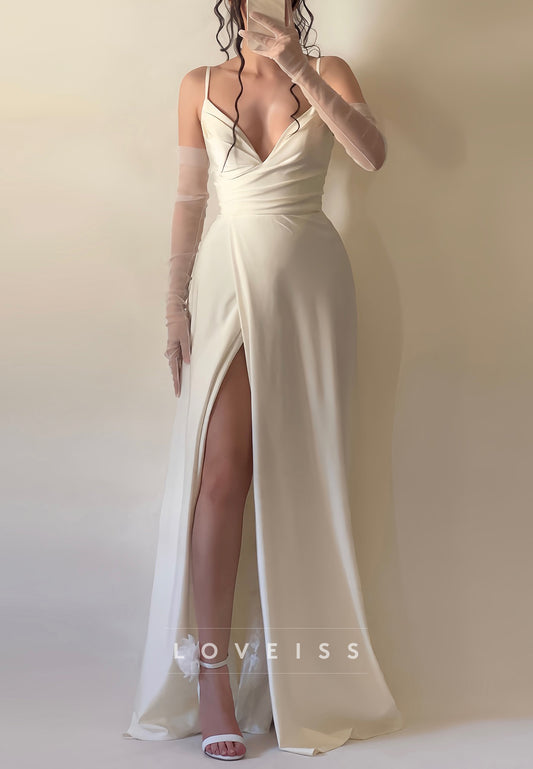 V-Neck Spaghetti Straps Side Slit Sleek Sheath Wedding Dress