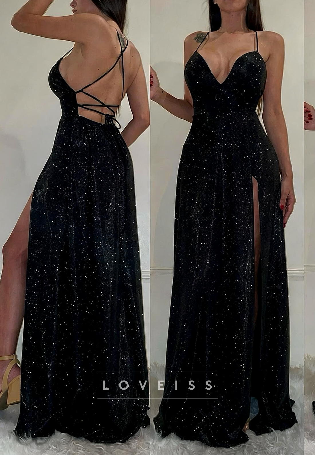 V-Neck Spaghetti Straps Side Slit Sparkly A-Line Prom Dress