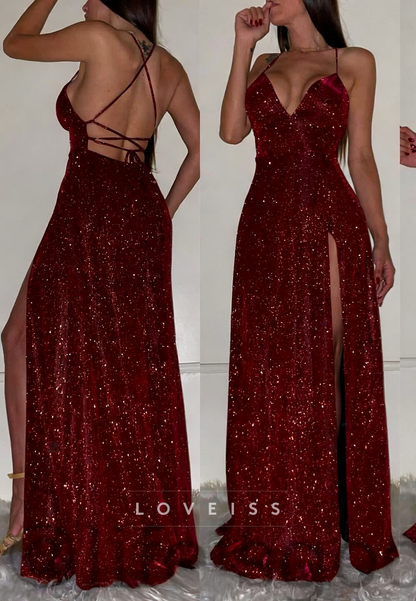 V-Neck Spaghetti Straps Side Slit Sparkly A-Line Prom Dress