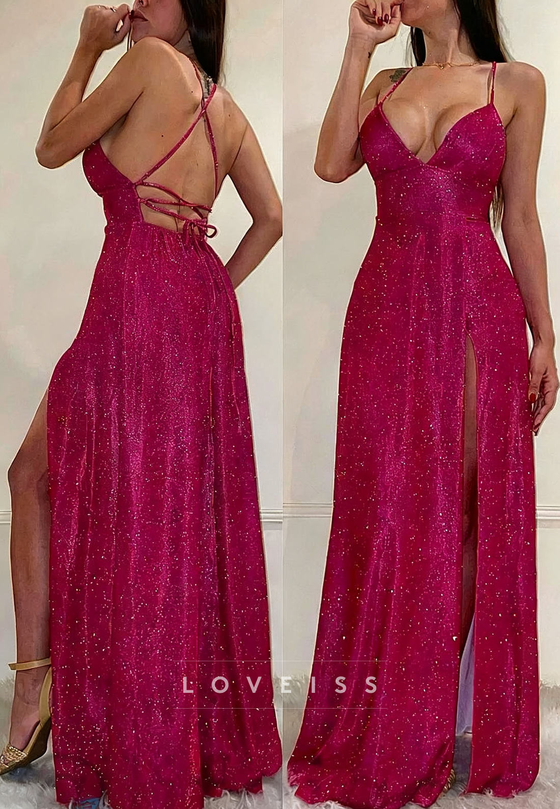 V-Neck Spaghetti Straps Side Slit Sparkly A-Line Prom Dress