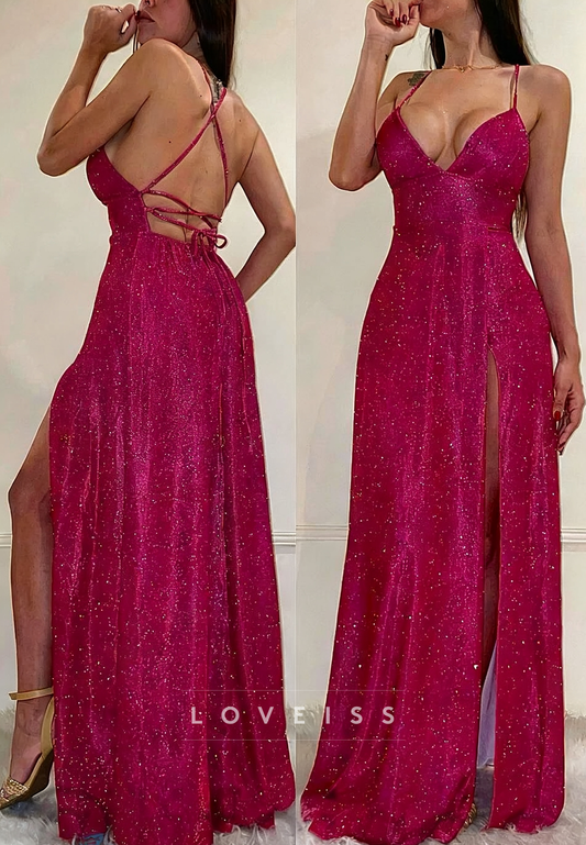 V-Neck Spaghetti Straps Side Slit Sparkly A-Line Prom Dress