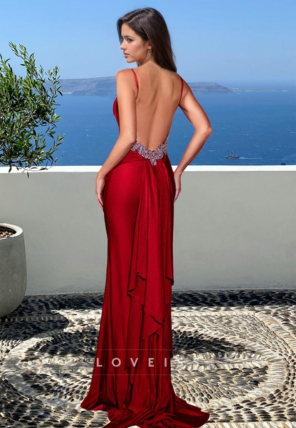 V-Neck Spaghetti Straps Sleek Backless Beaded Mermaid Evening Dress