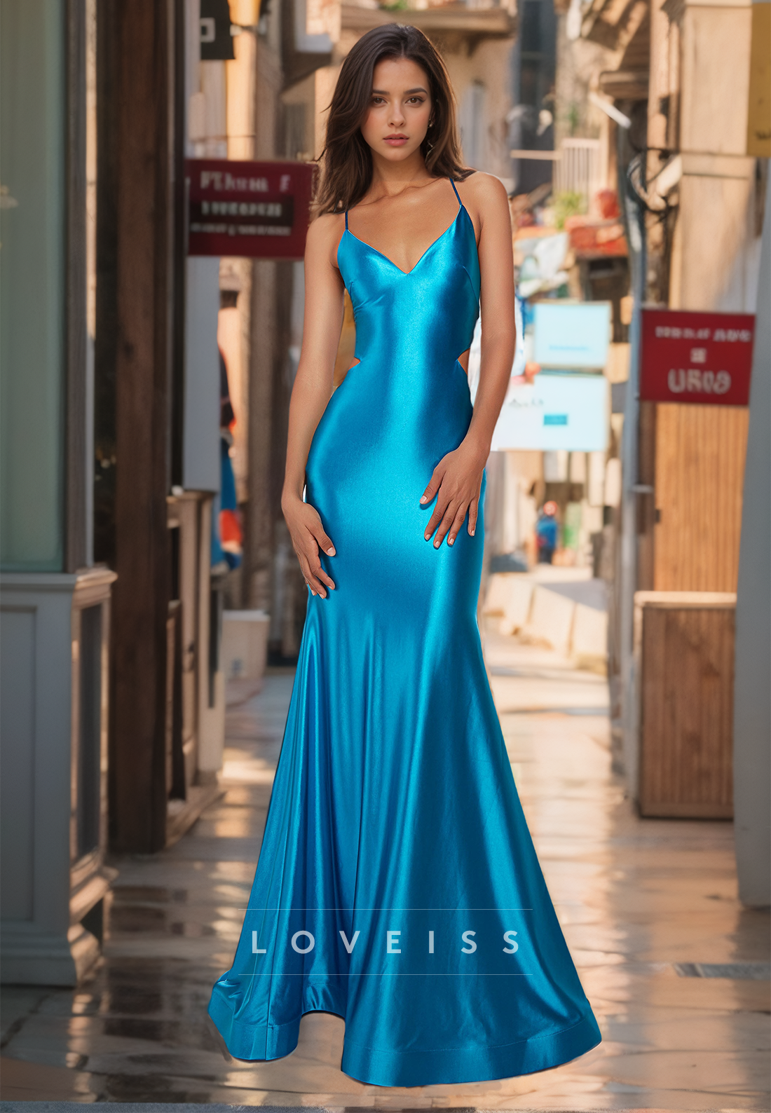 V-Neck Spaghetti Straps Sleek Mermaid Prom Dress