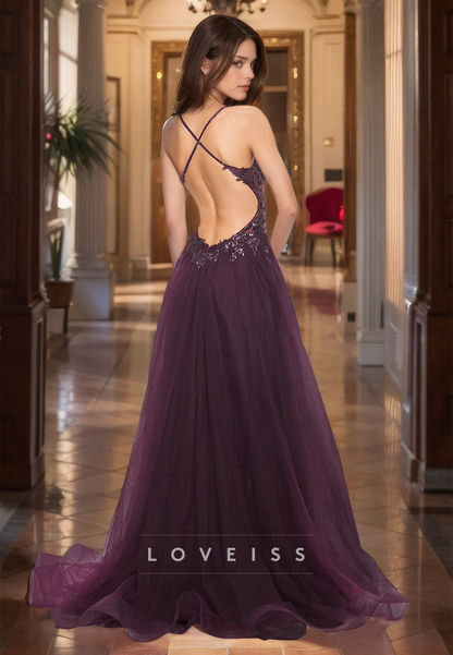 V-Neck Spaghetti Straps Sleeveless Appliques Tulle A-Line Prom Dress