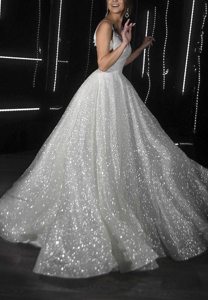 V-Neck Spaghetti Straps Sparkly Ball Gown Wedding Dress