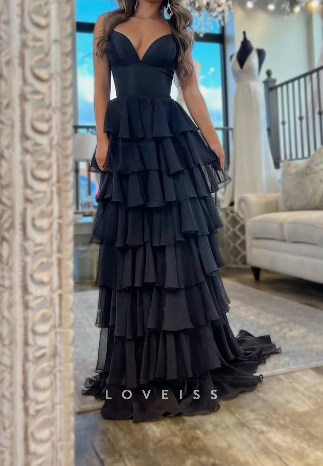 V-Neck Spaghetti Straps Tiered Chiffon A-Line Prom Dress