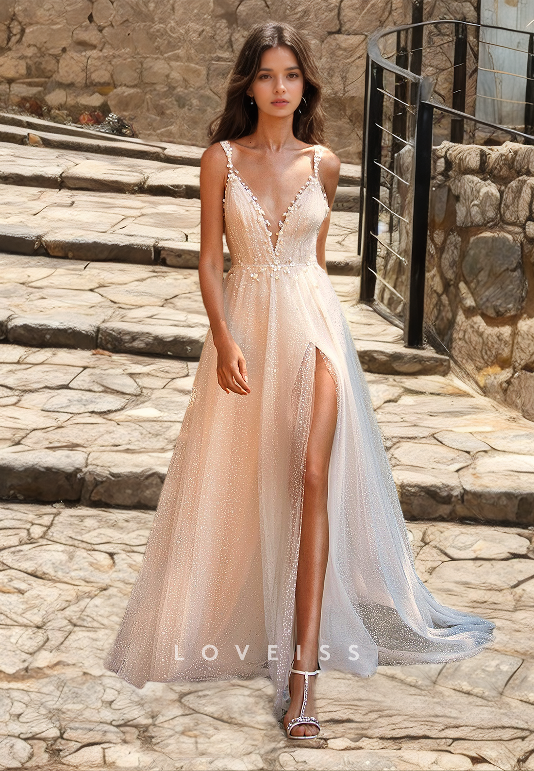 V-Neck Spaghetti Straps Tulle Side Slit A-Line Beach Wedding Dress