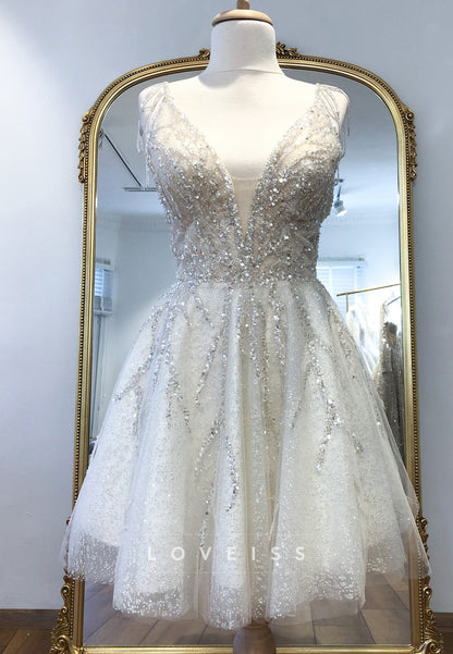 V-Neck Sparkly Beaded A-Line Short Wedding Dress