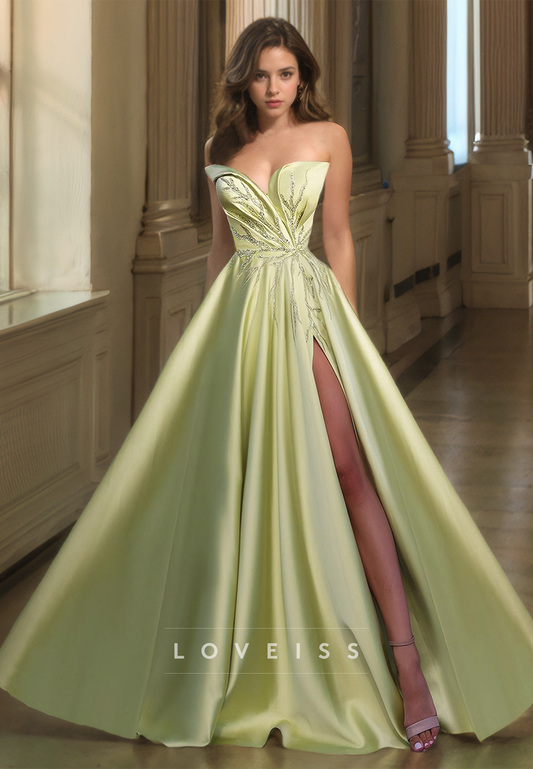 V-Neck Strapless Appliques Pleated Satin A-Line Prom Dress