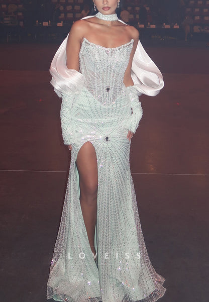 V-Neck Strapless Beaded Embroidery Mermaid Prom Dress