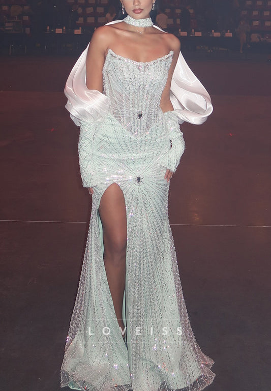 V-Neck Strapless Beaded Embroidery Mermaid Prom Dress