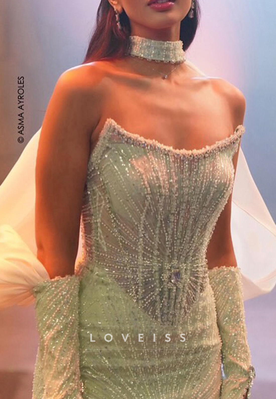 V-Neck Strapless Beaded Embroidery Mermaid Prom Dress