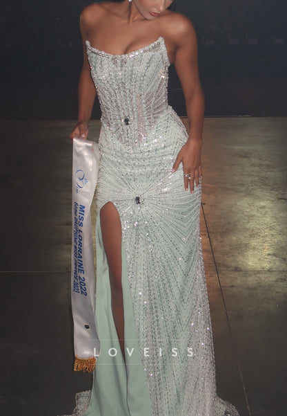 V-Neck Strapless Beaded Embroidery Mermaid Prom Dress