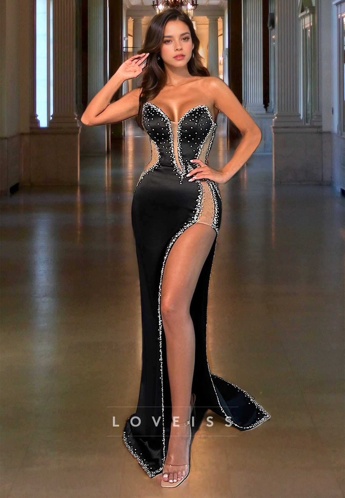 V-Neck Strapless Beaded Illusion High Slit Sexy Black Prom Dress