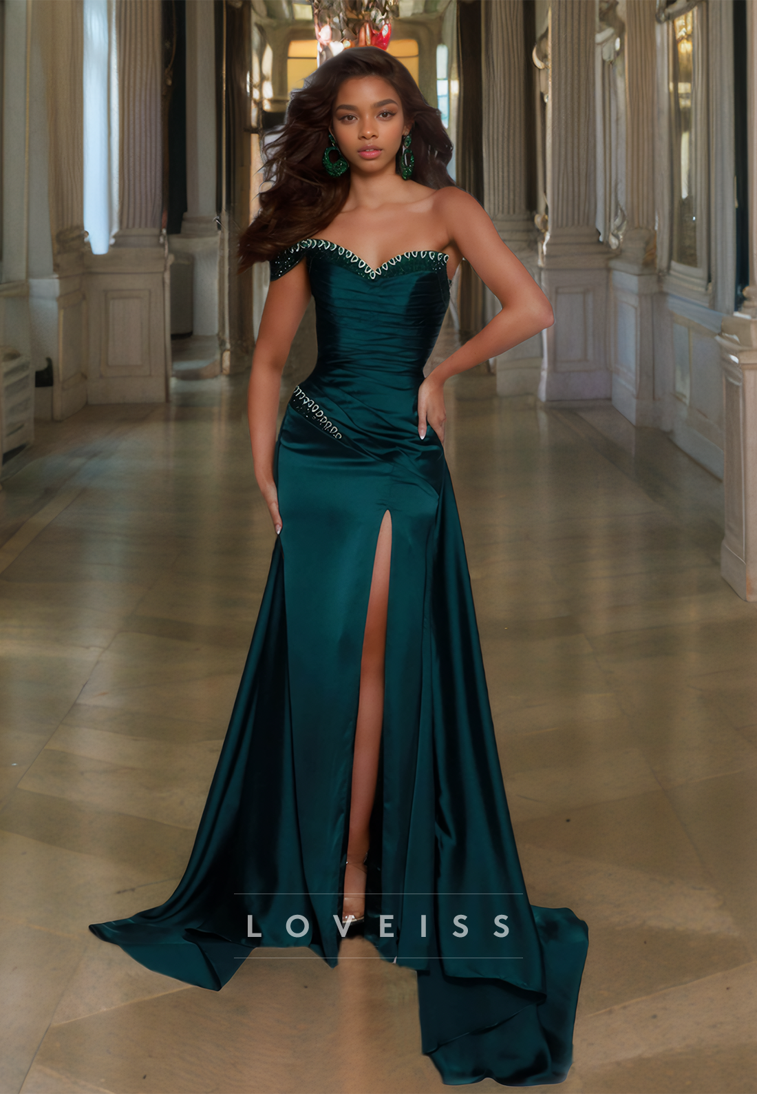 V-Neck Strapless Beaded Sleek Mermaid Side Slit Prom Dress