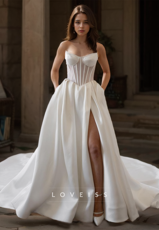 V-Neck Strapless Corset Pleated Satin High Slit A-Line Wedding Dress