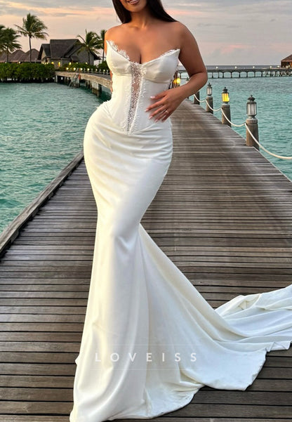 V-Neck Strapless Fitted Mermaid Beach Wedding Dress