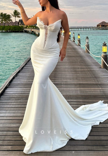 V-Neck Strapless Fitted Mermaid Beach Wedding Dress