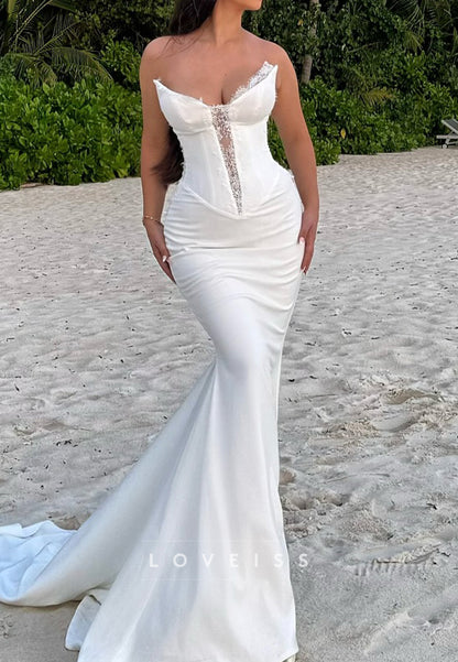 V-Neck Strapless Fitted Mermaid Beach Wedding Dress
