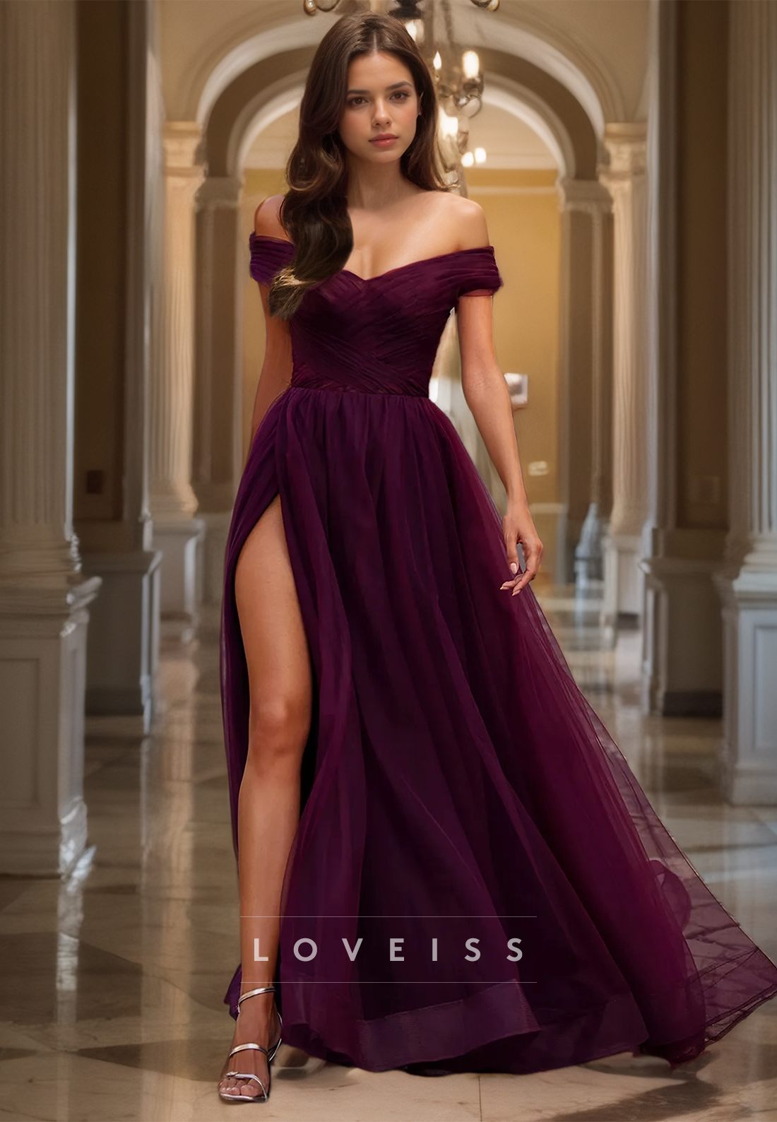 V-Neck Strapless High Slit Pleated A-Line Prom Dress