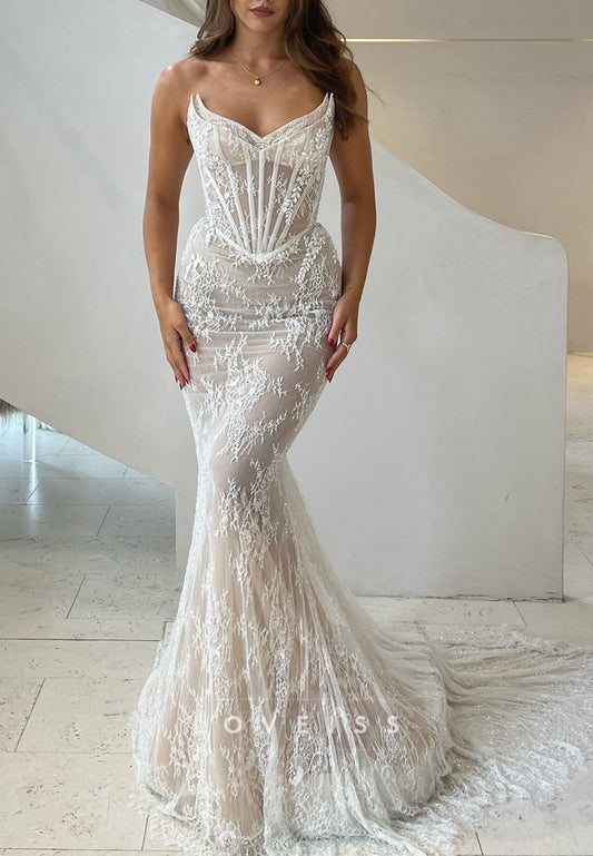 V-Neck Strapless Lace Appliques Mermaid Wedding Dress