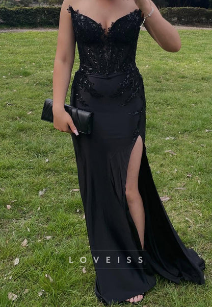 V-Neck Strapless Lace Appliques Sheath Prom Dress