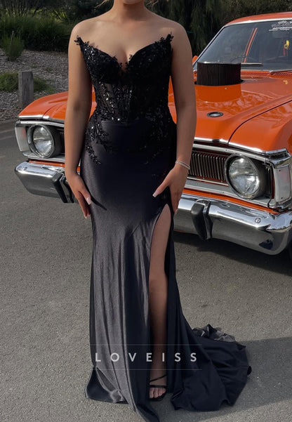 V-Neck Strapless Lace Appliques Sheath Prom Dress