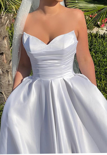 V-Neck Strapless Pleated A-Line Satin Wedding Dress