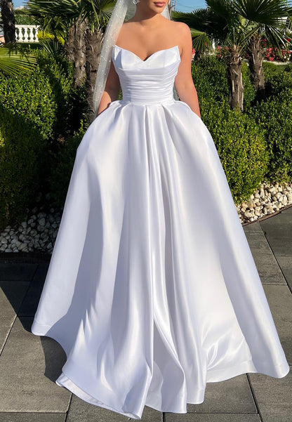 V-Neck Strapless Pleated A-Line Satin Wedding Dress
