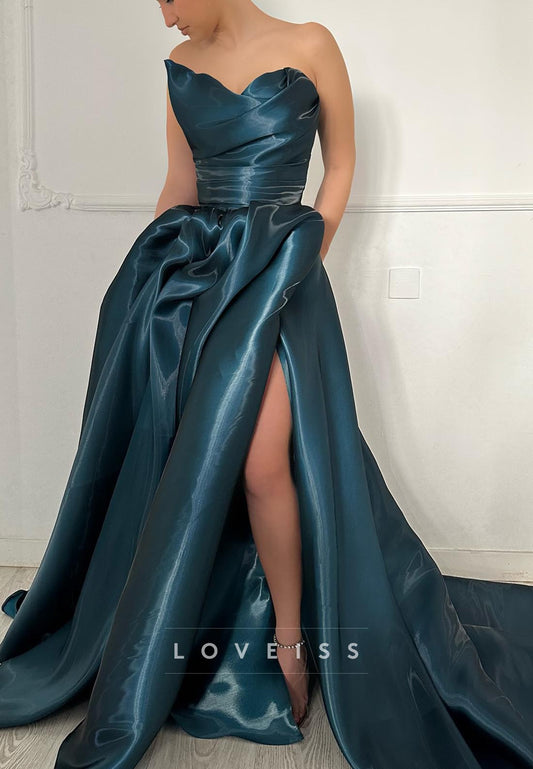 V-Neck Strapless Pleated Organza A-Line Evening Dress