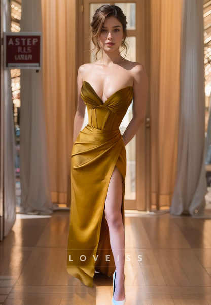 V-Neck Strapless Pleated Ruched Side Slit Sheath Formal Dress