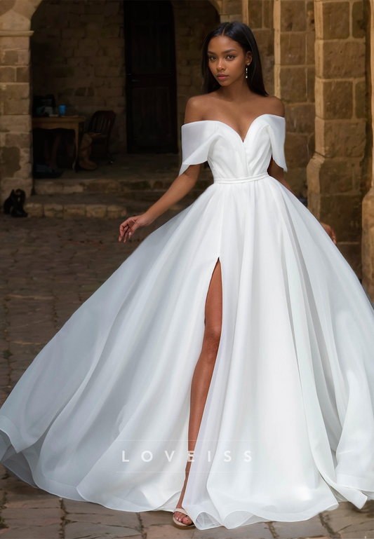 V-Neck Strapless Pleated Side Slit A-Line Beach Wedding Dress