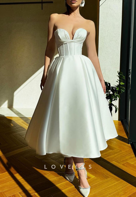 V-Neck Strapless Pleated Sleek A-Line Midi Wedding Dress