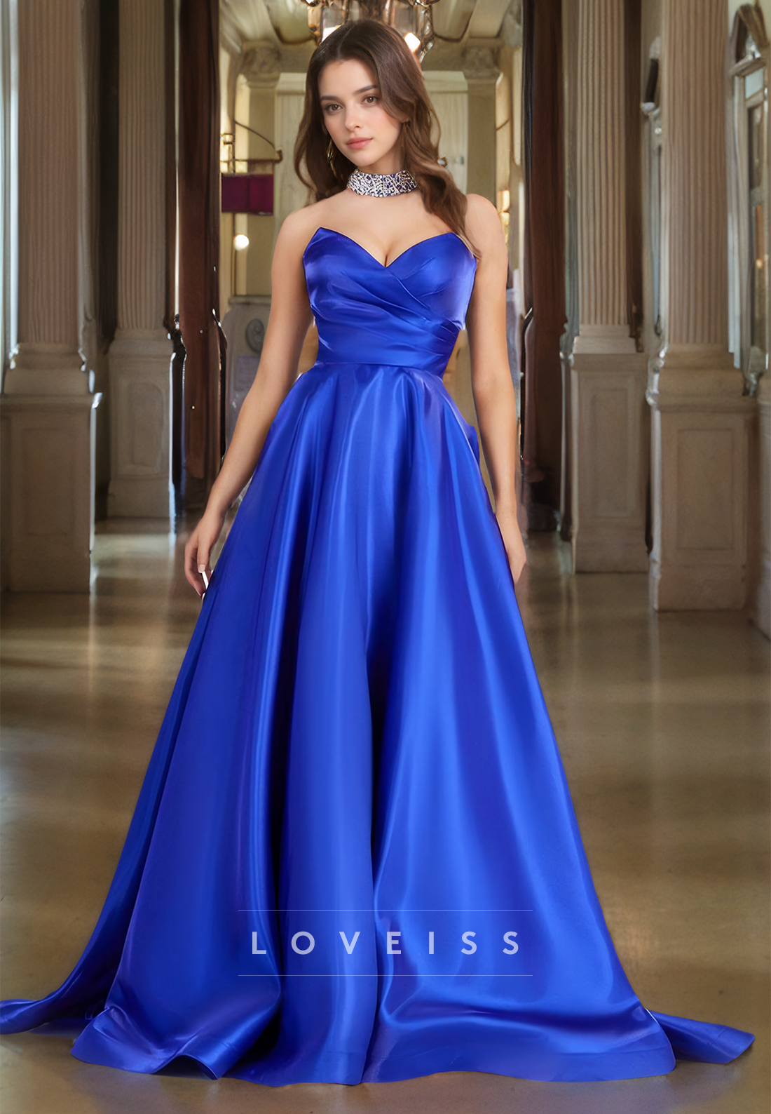 V-Neck Strapless Pleated Sleek Satin A-Line Prom Dress